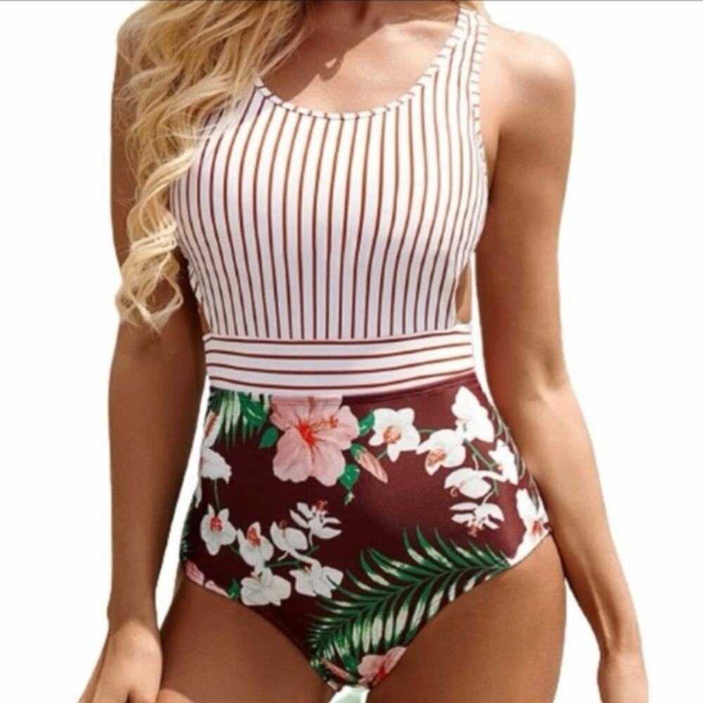 Women’s Monokini One Piece Swimsuit Floral Striped Cutout Tie Back Medium